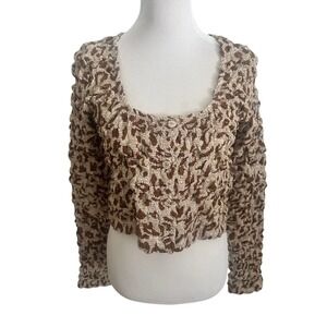 Nanushka Brown Cream Popcorn Smocked Animal Print Cropped Top Womens M